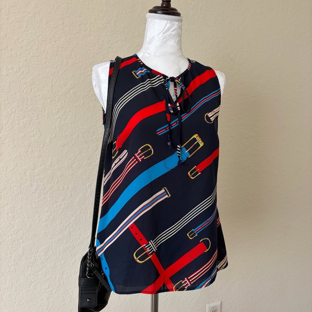 CAbi Hold Up Top Belt Print Navy‎ Sleeveless Blouse Style 5736 XS